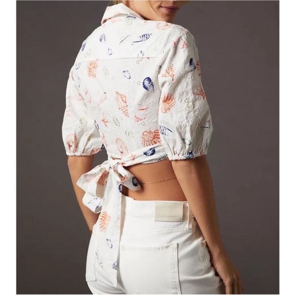 Anthropologie Maeve White Eyelet Seashell Collared Wrap V Neck Shirt Medium - Picture 16 of 16